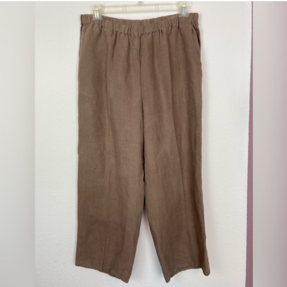 FLAX wide leg minimalist brown linen pants, pull on w/ pockets.
